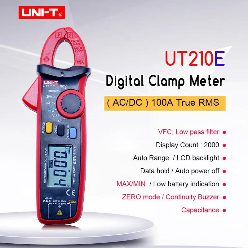 UNI-T UT210E Mini Digital Clamp Meter;Ture RMS Auto Range AC DC Current Voltage Capacitance meter;LCD Display Multimeter NCV/VFC