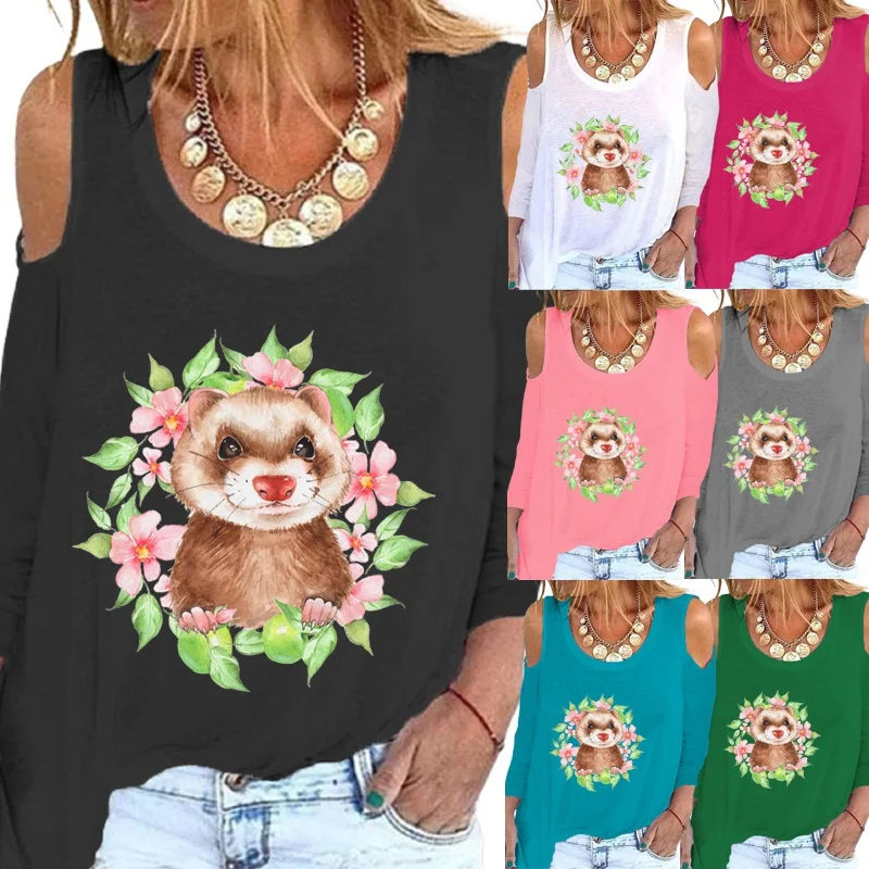 

Женская весенне-осенняя свободная футболка с длинным рукавом и круглым вырезом с мультяшным принтом, повседневные женские топы с открытыми...