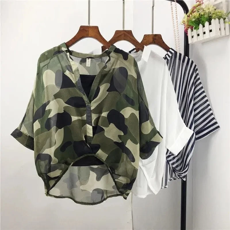 

Plus Size Camouflage Chiffon Shirt Suit Women 2021 Summer Korean Leopard Loose Casual V-Neck Bat Shirt Camisole Two-Piece Female