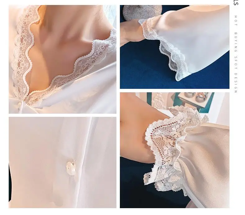 Casual Pajamas Women Sleepwear Satin Two Piece Set Lace Shirt&Pants Sexy Button-Down Loungewear Comfy Pyjamas PJS Suit