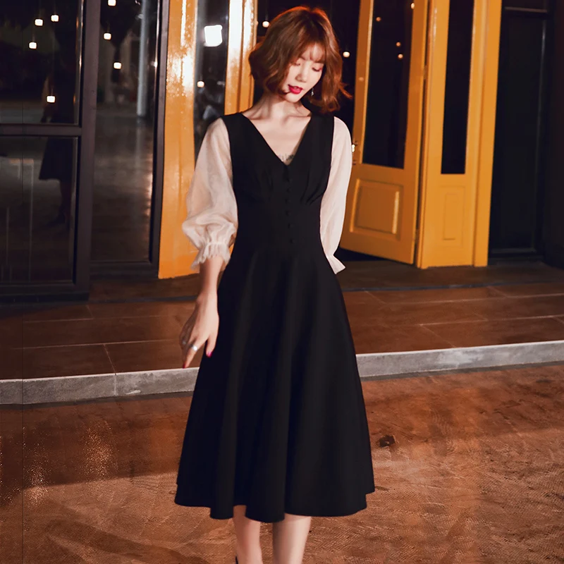 

2019 New Prom Dresses Elegant vestidos de gala V-neck Seven-quarter Sleeves Tea Length Dress Women Party Night