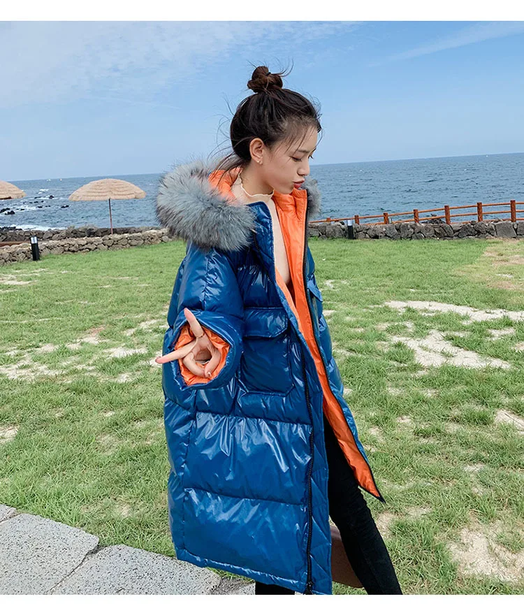 

ZCSMLL Cotton Mid-length Women's 2021 Winter New Style Korean Straight Long Cotton Coat with Fur Collar Bright Quilted Jacket