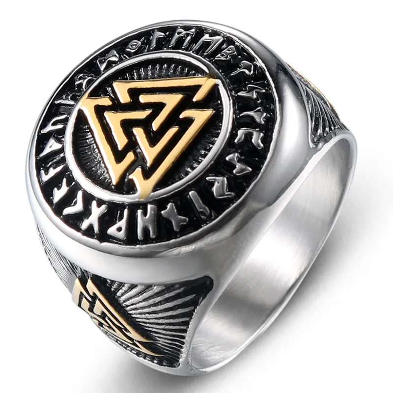 Ретро Мужские кольца Viking Futhark руны нордический треугольник символ кольцо с символом валькунт нержавеющая сталь панк-рок, украшения