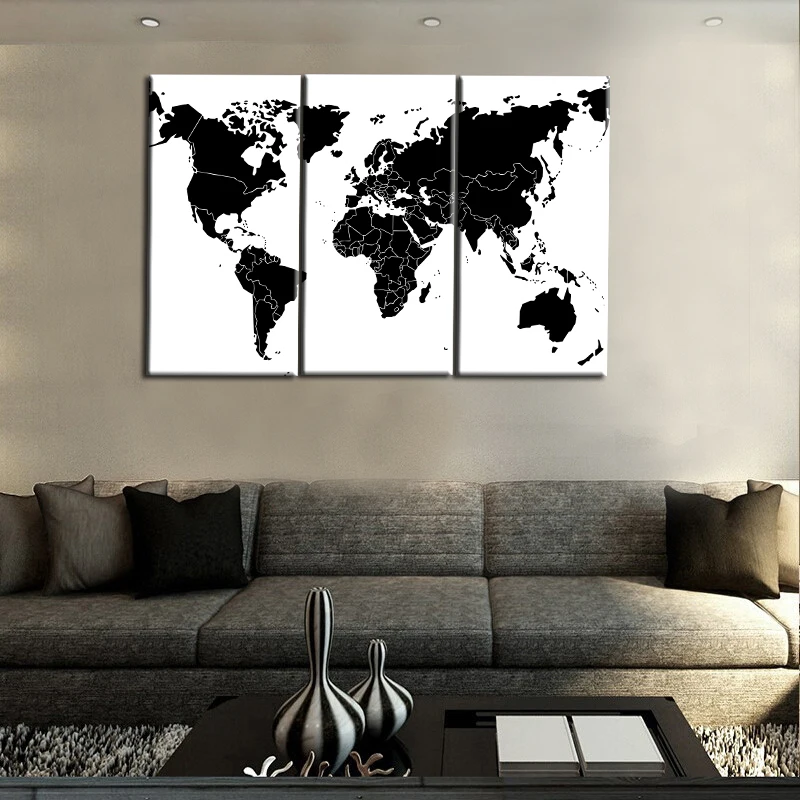 

3 Panel Abstract Black and White World Map Posters HD Print Canvas Wall Art Pictures Paintings Home Decor Living Room Decoration