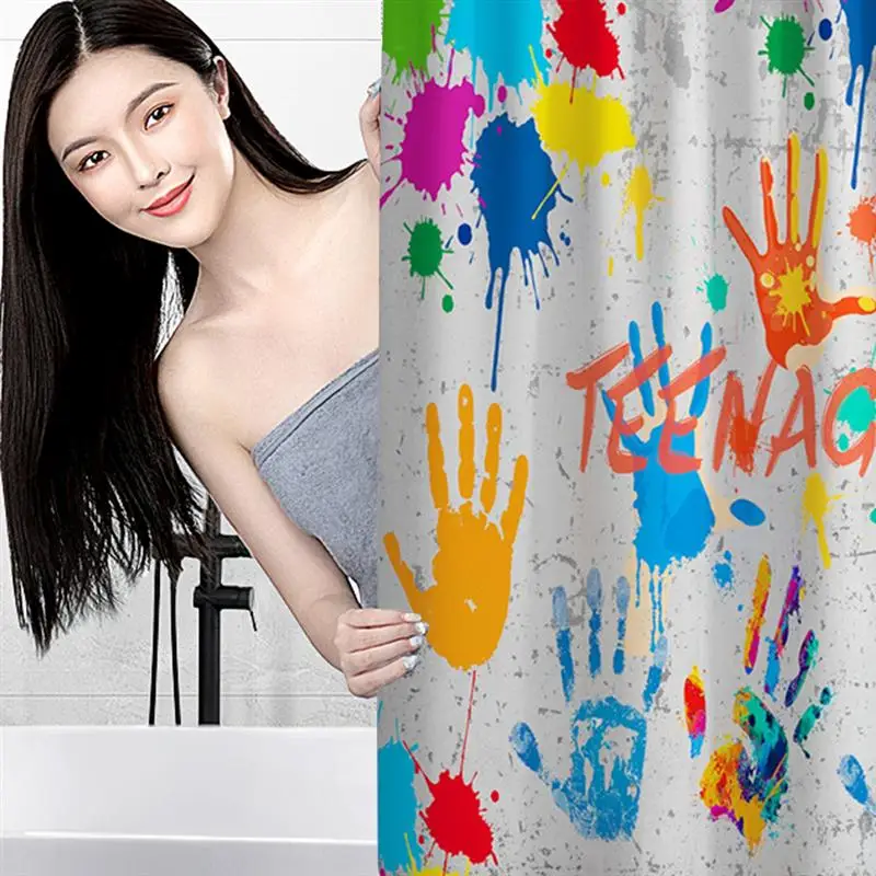 

Shower Curtain Graffiti Handprint Painting Set Bathroom Non-slip Mat Rugs Music Food Toilet Lid Cover Bath Curtains with Hooks