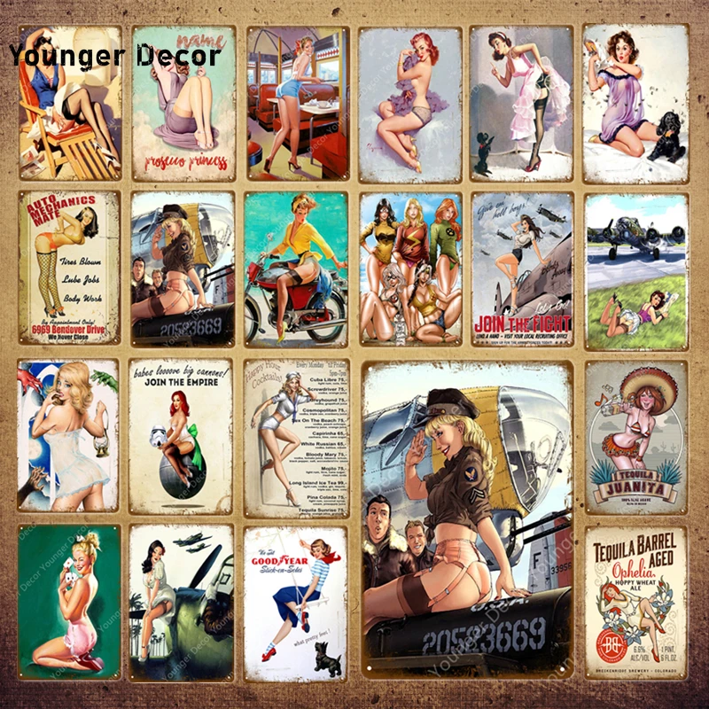 

Funny Sexy Lady Poster Car Airplane With Pin Up Girls Metal Signs Vintage Art Painting Craft Pub Bar Home Wall Decor YI-108