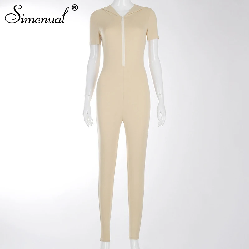 

Simenual Hooded Zipper Skinny Short Sleeve Rompers Womens Jumpsuit Apricot Fashion Casual Workout Active Wear Jumpsuits Spring