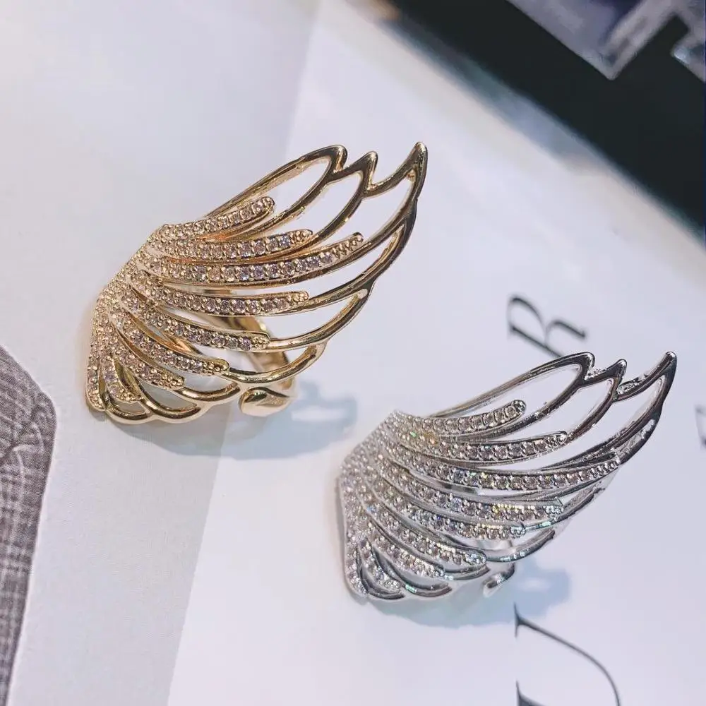 HIBRIDE Wing Feather Design Long Full Finger Luxury Cubic Zircon Women Wedding Engagement Party Wrap Ring Jewelry Bijoux R-172 |