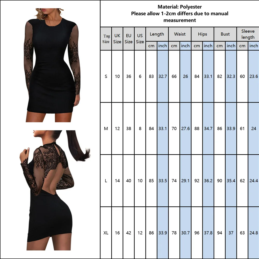 

See Through Elegant Bodycon Dress Women Solid Black Sexy Backless Dress Long Sleeve Hollow Out Lace Patchwork Punk Dresses D30