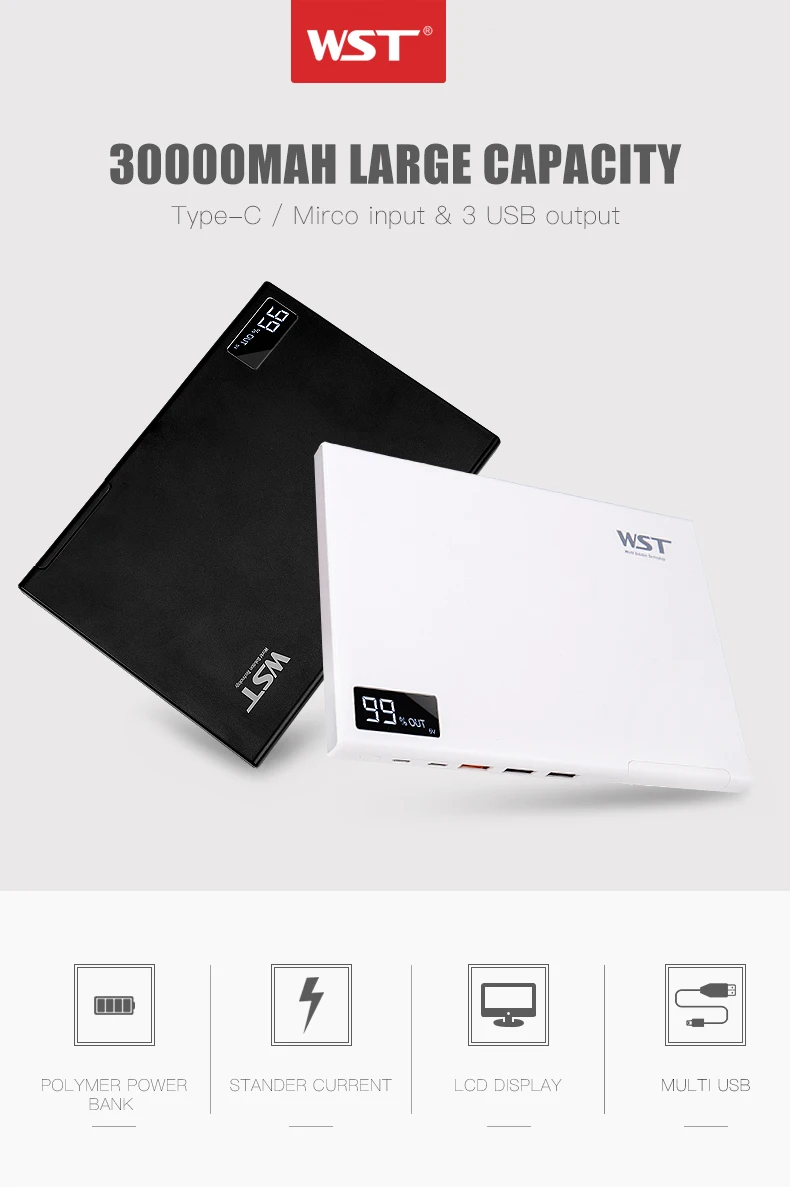 WST power Bank 30000 мАч Внешний аккумулятор-зарядное устройство power bank 30000 мАч Usb C PD цифровой дисплей power Bank Быстрая зарядка 3,0