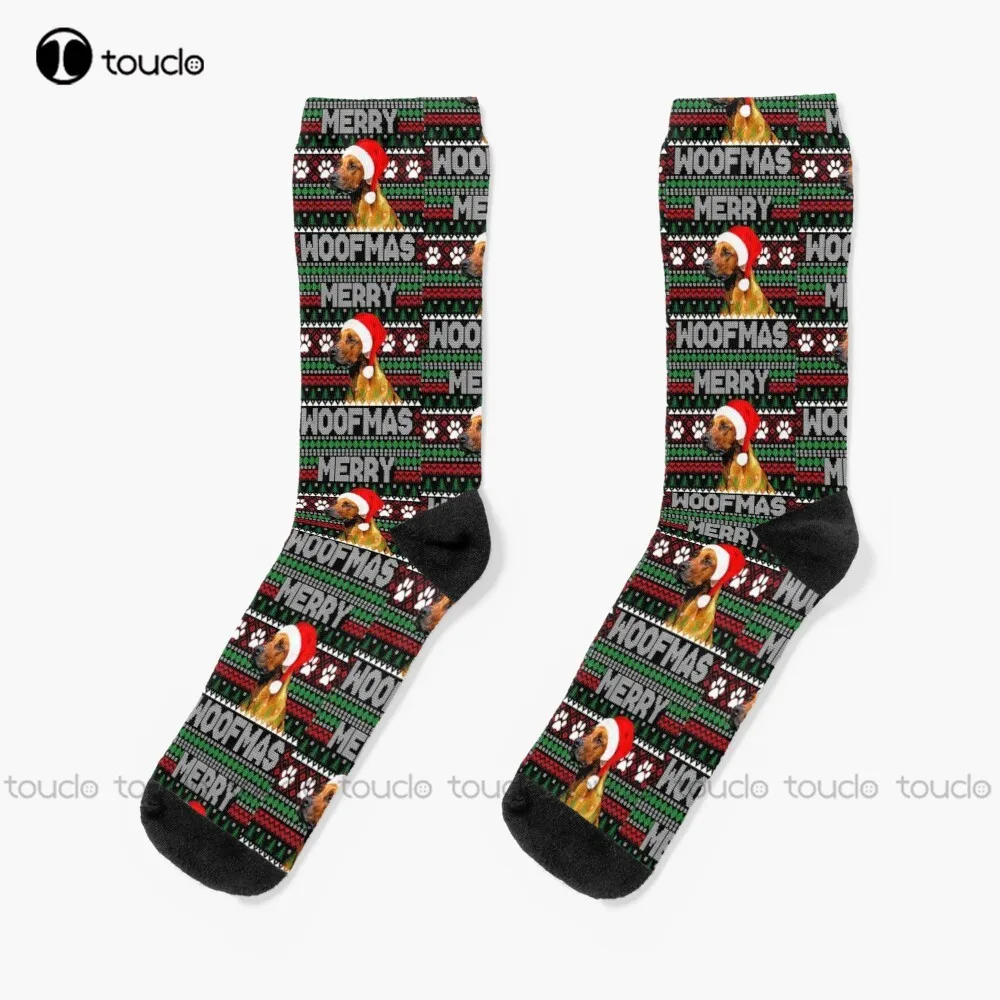 

Merry Woofmas Rhodesian Ridgeback Christmas Gifts Dog Lover Ugly Sweater Socks Mens Soccer Socks Personalized Custom Funny Sock