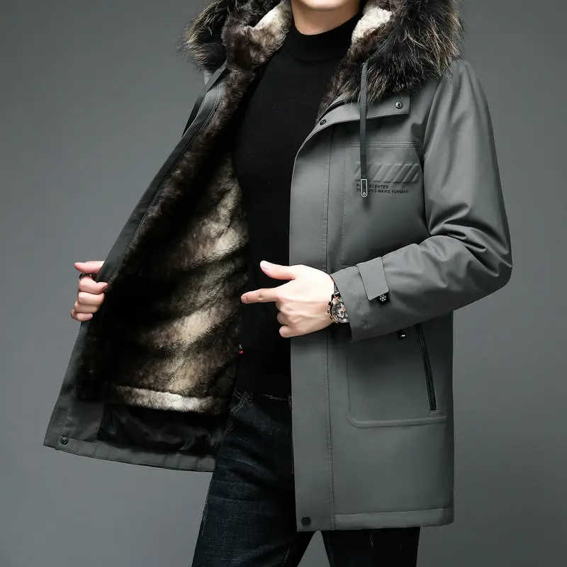 

Winter Men Thermal Thicken Hooded Puffer Parkas Gray Black Fur Collar Liner Detachable Design Fleece Lining Quilted Overcoat