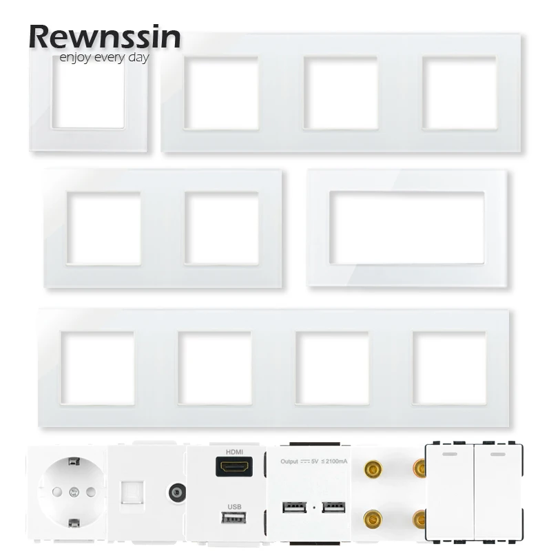 

Power Switch Socket Module Part White Glass Panel Frame DIY Free Combination Single/Double/Triple/Quadruple 110-250V Wall Outlet