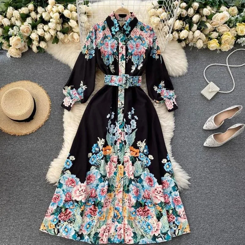 Женское винтажное платье-макси с длинным рукавом высокой талией и цветочным