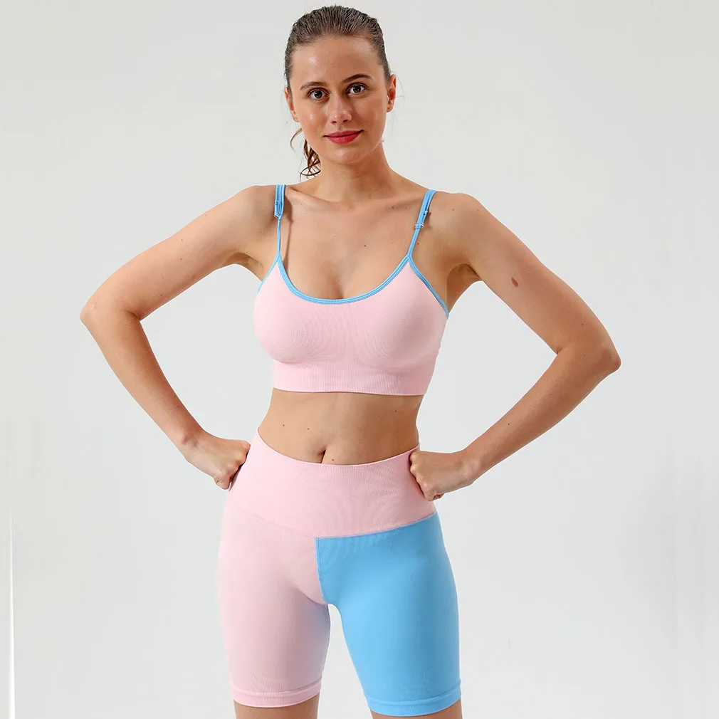 

Ladies Yoga Fitness Suit Sports Short Sleeve Shorts Contrast Color Stitching Yoga Suit Fitness Suit 2 Piece Set Women