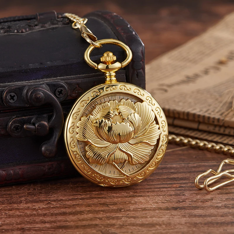 Luxury Gold Mechanical Pocket Watch Golden Peony Flower Engrave Steampunk Skeleton Fob Chain Clock for Men Women Dropshipping