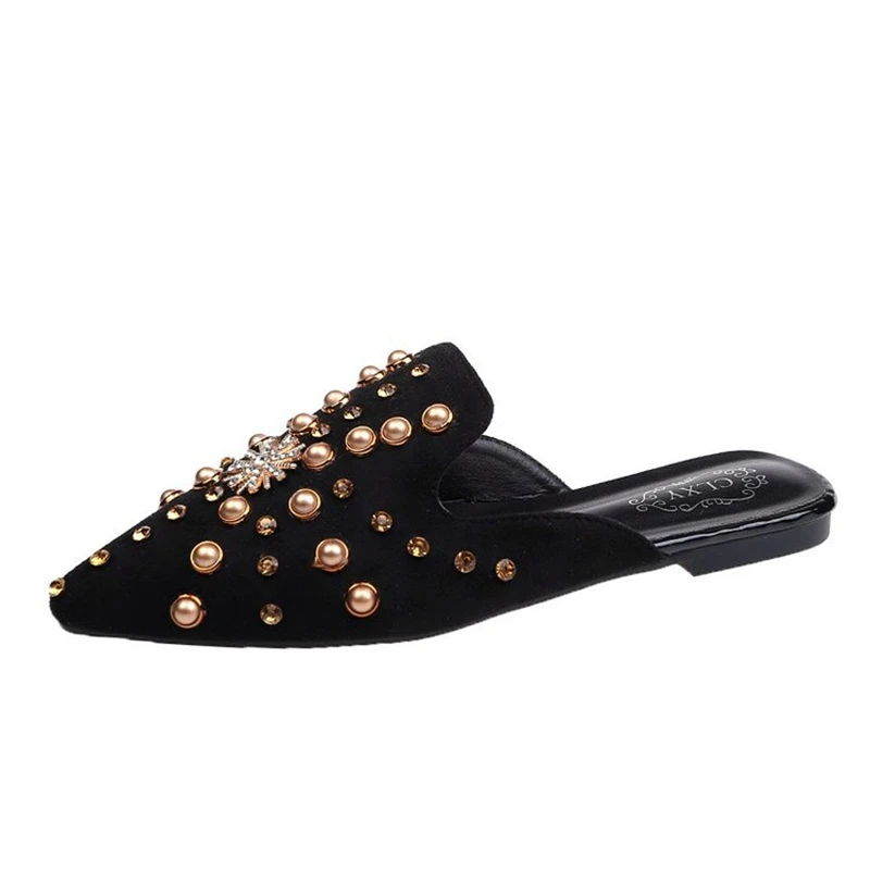 

Women's shoes spring/summer 2021 new European and American fashion pointed flat rivets Baotou low-heel half slippers