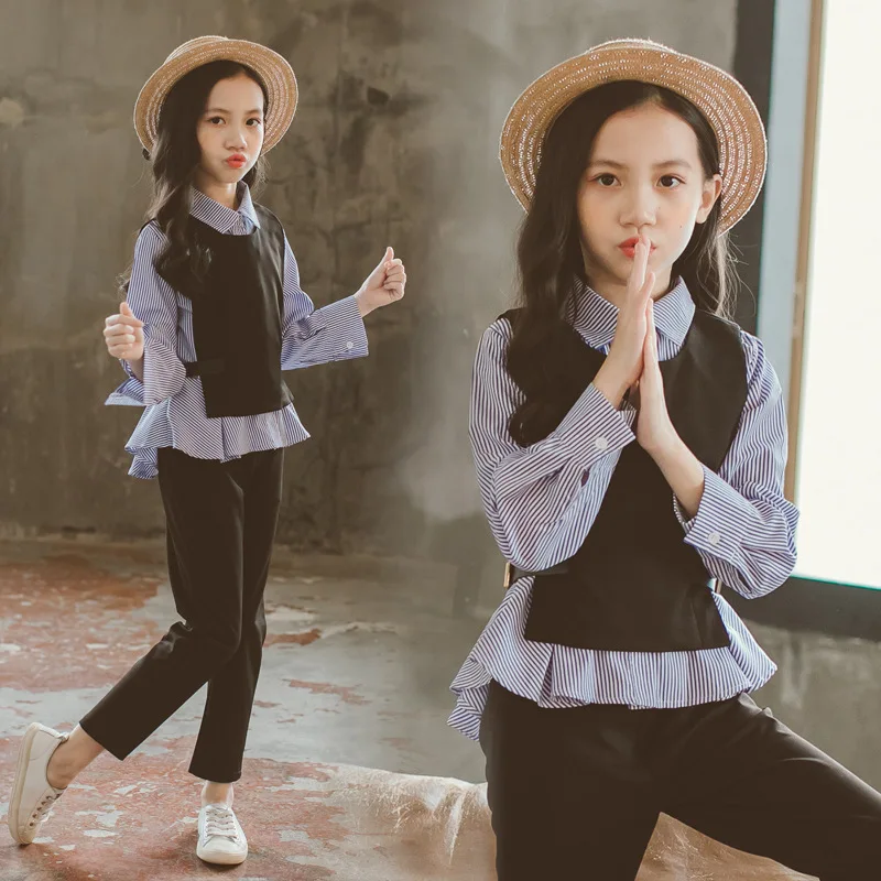 

Комплекты одежды для девочек, модный костюм для девочек-подростков, школьная детская одежда, полосатая рубашка, жилет, детская одежда, спорт...