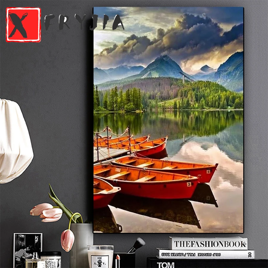 

Картина «сделай сам», алмазная живопись, природный пейзаж на озере, где лодки остаются, алмазная вышивка 5d, Алмазная мозаика, украшение для д...