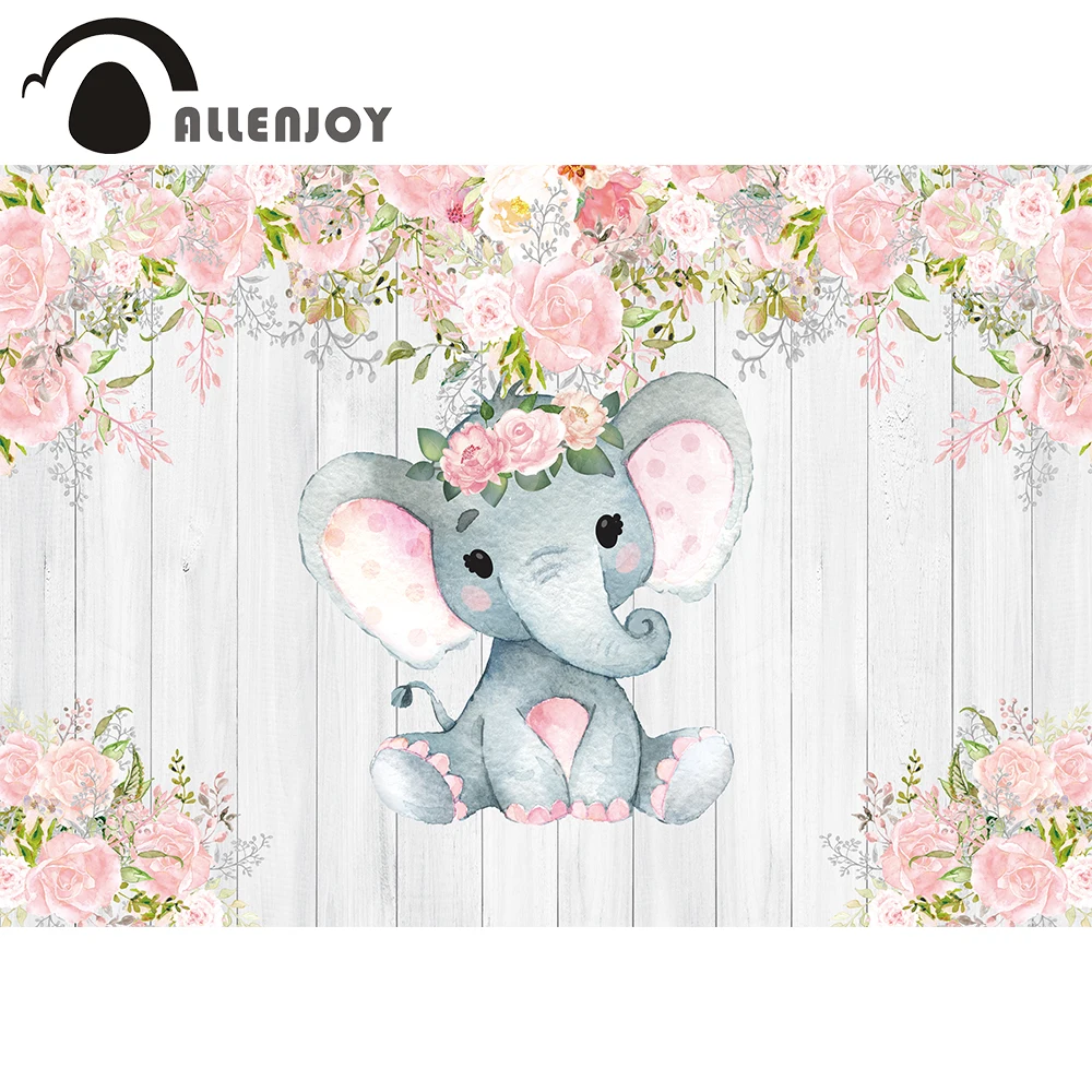 

Allenjoy Baby Shower Background for Birthday Party Elephant Pink Flower Wood Kids Photocall Decor Photo Studio Props Vinyl