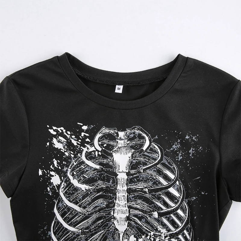

Women Gothic Punk Short Sleeve T-Shirt Harajuku Breastbone Skeleton Printed Crop Top Summer Slim O-Neck Graphic Tee