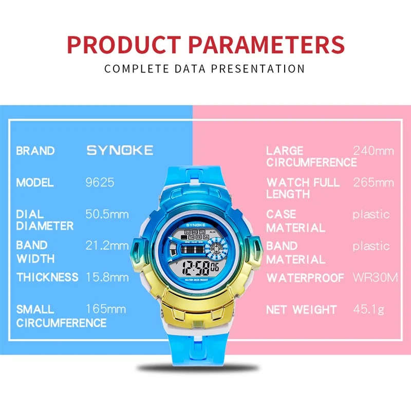 

SYNOKE Colorful Digital Watches Unisex Men Women Fashion Stylish Sky Blue Girls Life Waterproof LED Alarm Clock Girls Gift