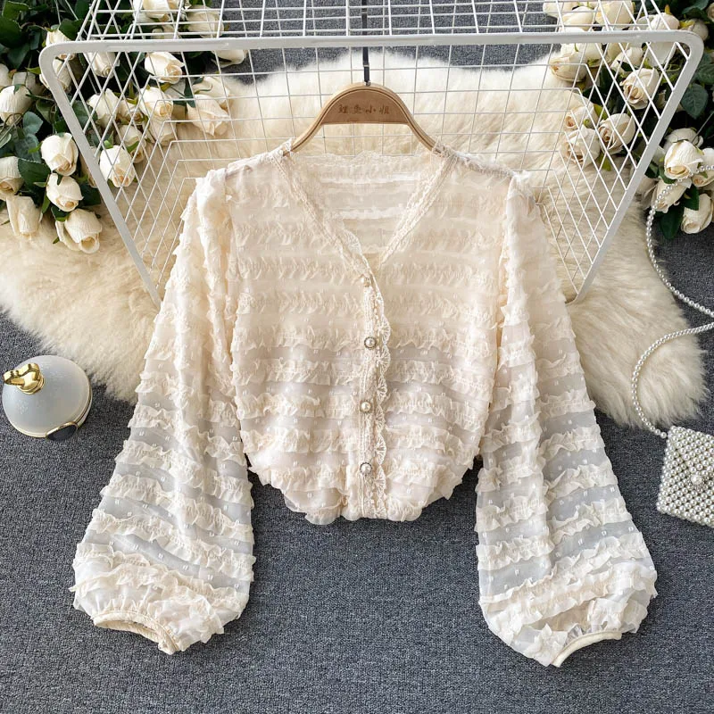 

Women Elegant French Blouse Puff Sleeve V Neck Single Breasted Solid Casual Top 2021 Autumn Fashion Streetwear Blouses