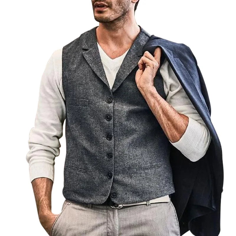 

Men's Suit Vest Brown Wedding Wool Tweed Business Waistcoat Jacket Casual Slim Fit Gilet Homme Vests For Groosmen Man Wedding