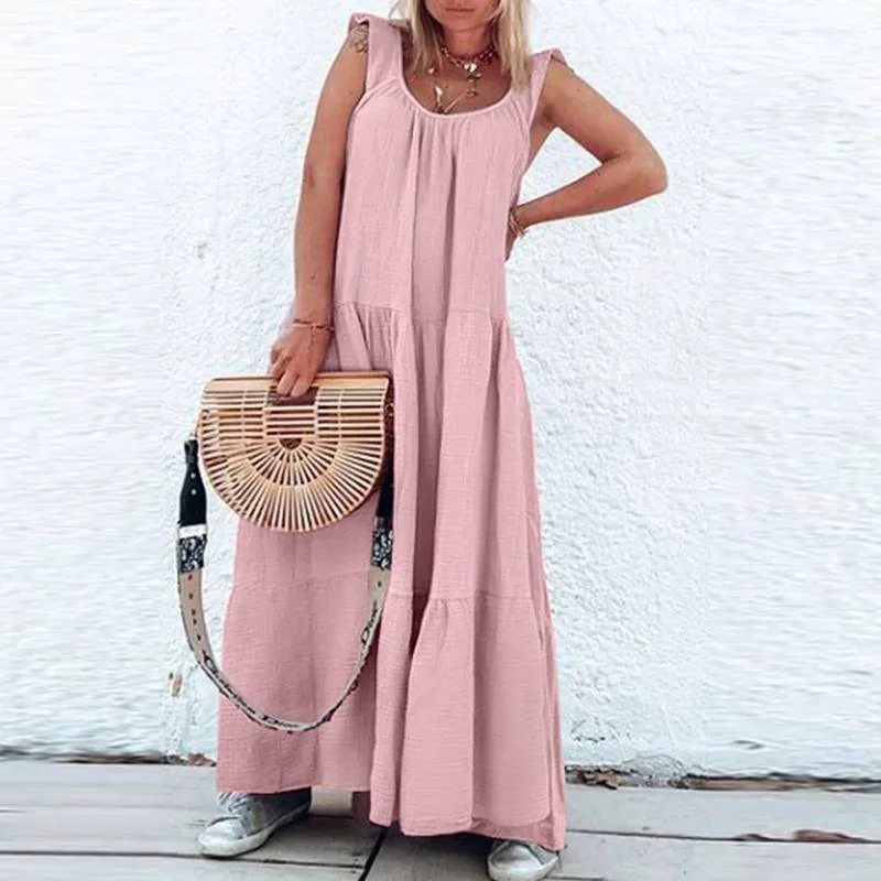 

Summer Boho Beach Solid Long Dress For Women 2021 Casual Sleeveless Loose V Neck Maxi Dress Elegant Ruffle Party Dresses Vestido