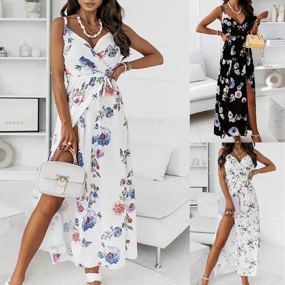 

Summer Vintage Print White Sexy Suspender Split Dresses Women Elegant Boho V Neck Sleeveless Holiday Beach Long Party Dress