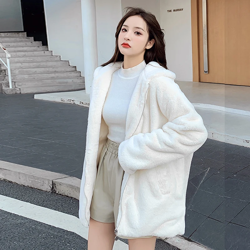 Sweet Cute Rabbit Ears Hooded Jacket Women Winter Furry Teddy Padded Zipper Lolita Coat Soft Faux Lambswool Cardigan Outerwear