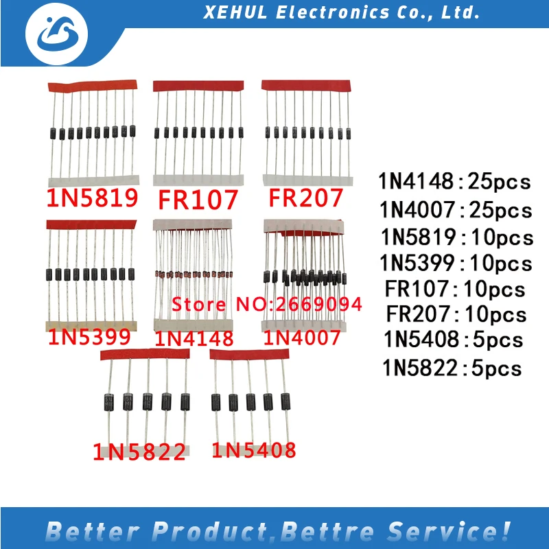 

Набор диодов Schottky 1N4148/1N4007/1N5819/1N5399/1N5408/1N5822/FR107/FR207,8 видов = 100 шт., электронные компоненты, быстрая переключение