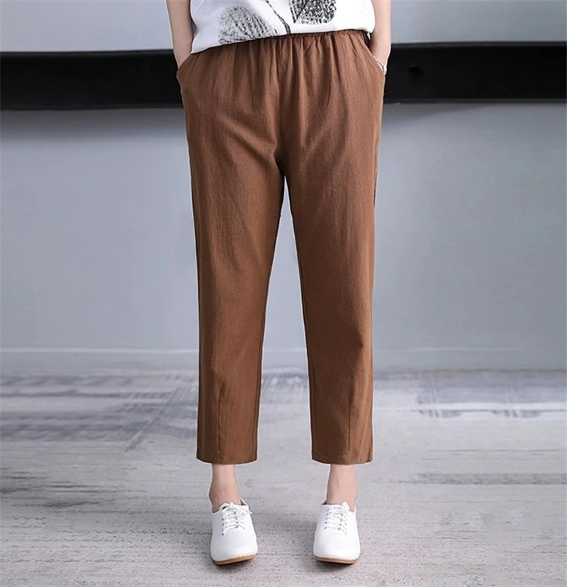 

Casual Solid Color Cotton Linen Ankle-Length Pants Women Vintage Loose Elastic High Waist Harem Pants Plus Size Summer Pants