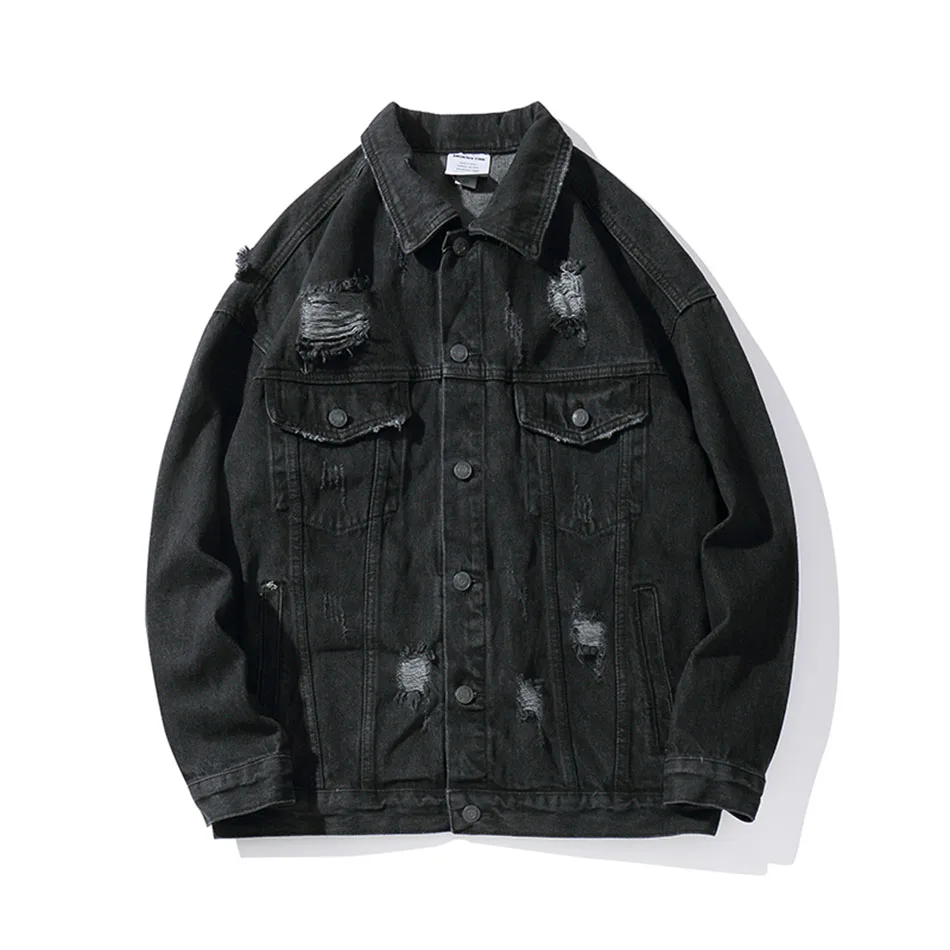 Харадзюку ручная печать Hole Chaqueta Hombre уличная джинсовая куртка мужская с отворотом