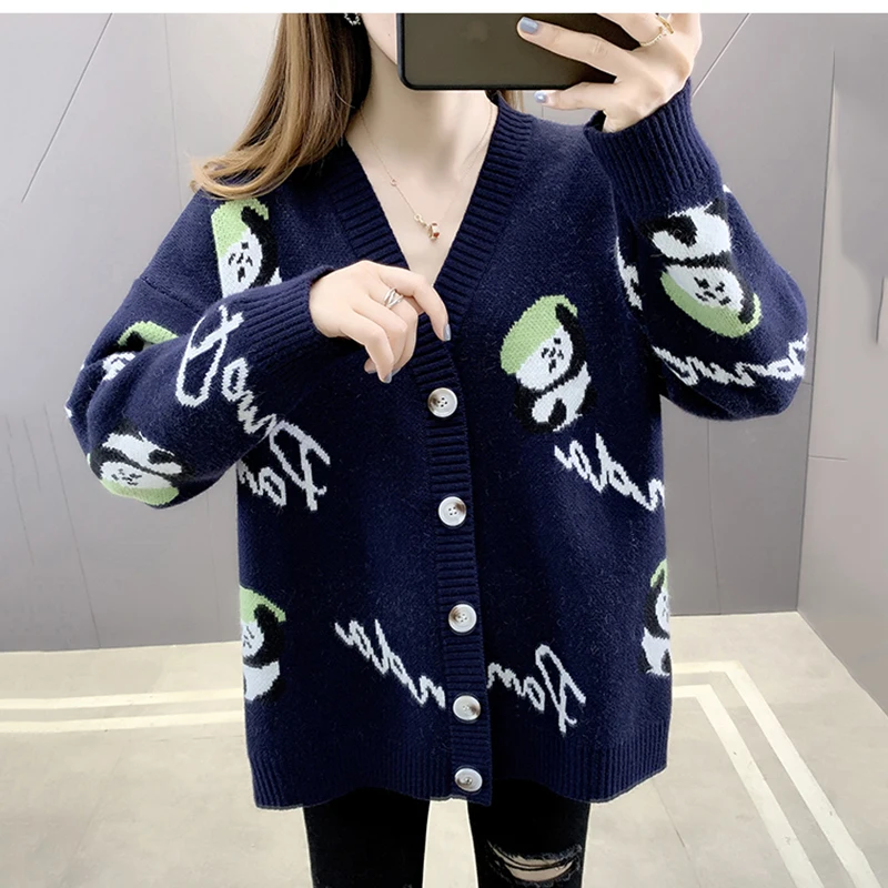 

HWLZLTZHT 2020 New Autumn Print Sweater Long Sleeve Jumper Knitted Loose Cartoons Femme V-neck Coat Single-breasted Sweater
