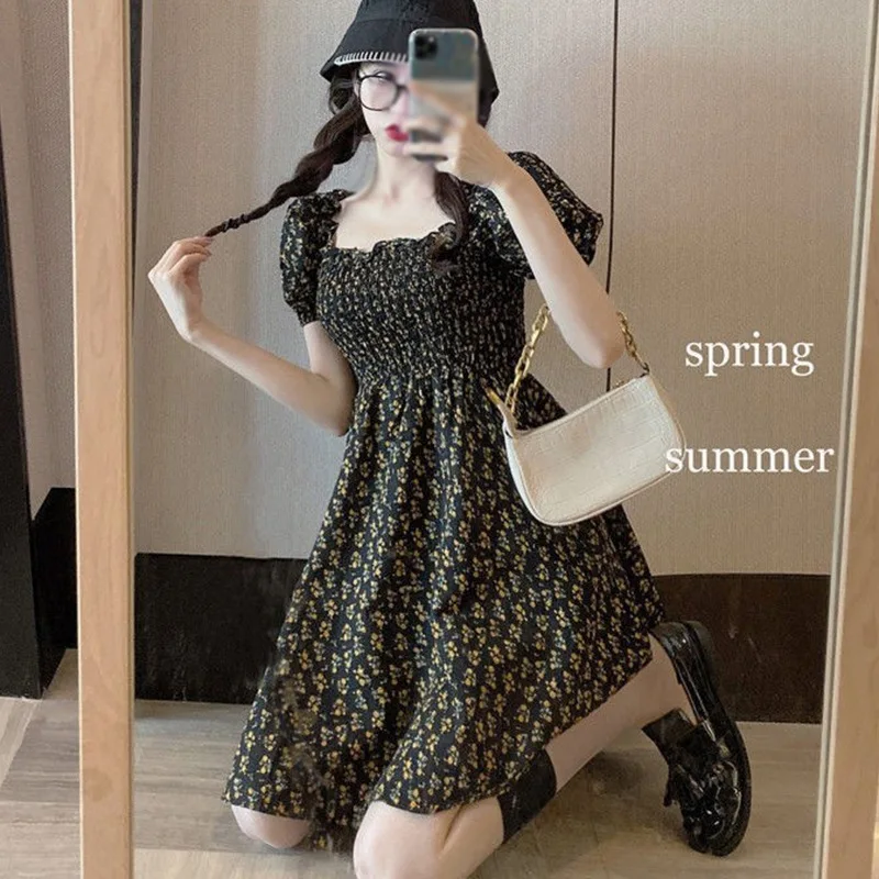 

Женское плиссированное платье принцессы, милое платье с воротником-стойкой, открытыми плечами и рукавами-фонариками с цветочным принтом, н...