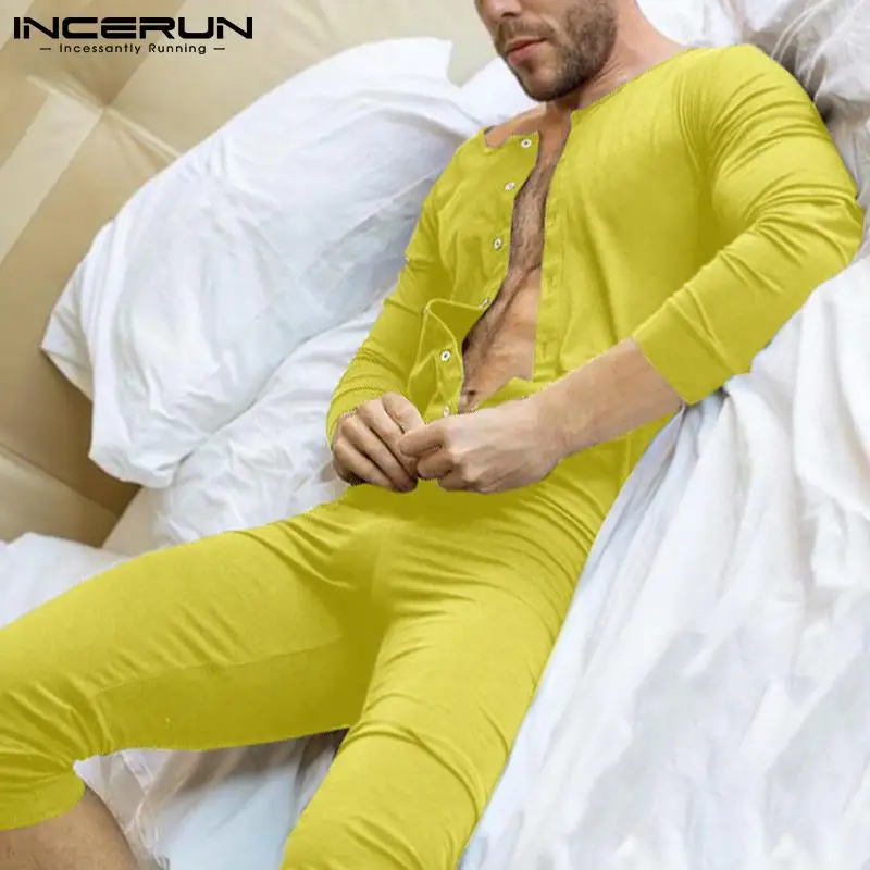 

INCERUN Men 3 Color Fashion All-match Simple Homewear Onesies Sexy Leisure Rompers Solid Comfortable Long Sleeve Jumpsuit S-5XL