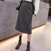female vintage corduroy straight skirt autumn winter korean fashion ladies high waist skirt femme split skirt with elastic waist