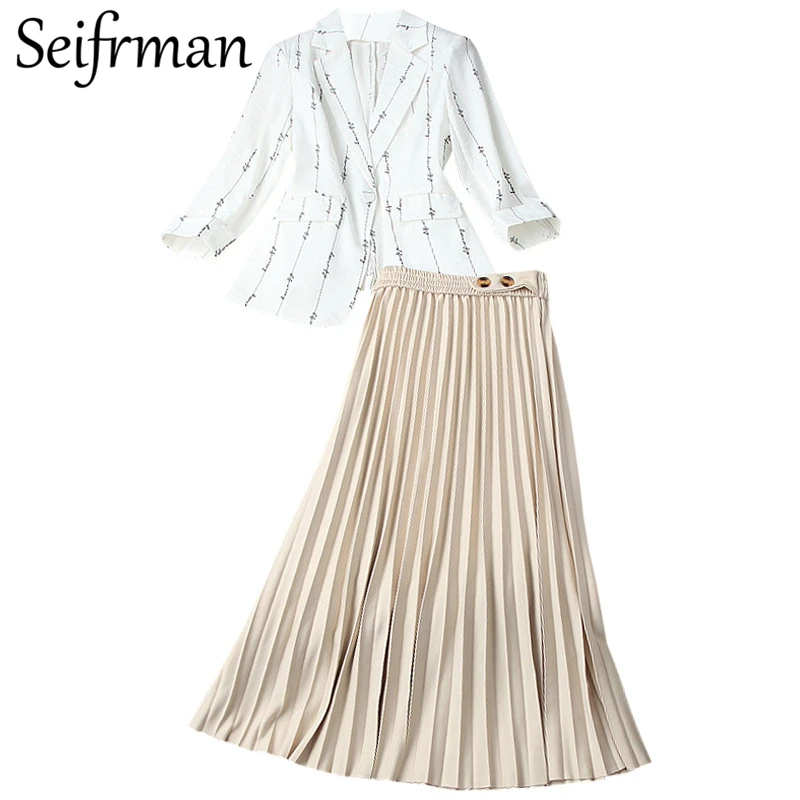 

Seifrmann New 2021 Summer Women Fashion RunwaySkirt Set Long Sleeve Slim Jacket+High Waist Pleated Midi Skirts 2 TwoPiecesSet