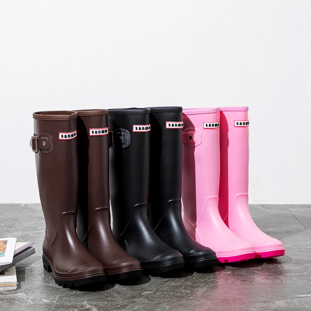 

Women's Knee-High Pink Low Rubber Slip-On Rain Shoes Adult Take Martin Boots Big Size Basic Rubber Work Safety Rain Boots