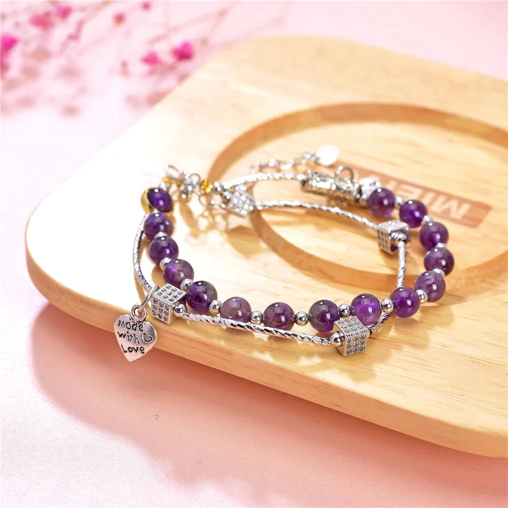 Двухуровневый богемный браслет из бисера с натуральным аметистом и фиолетовым