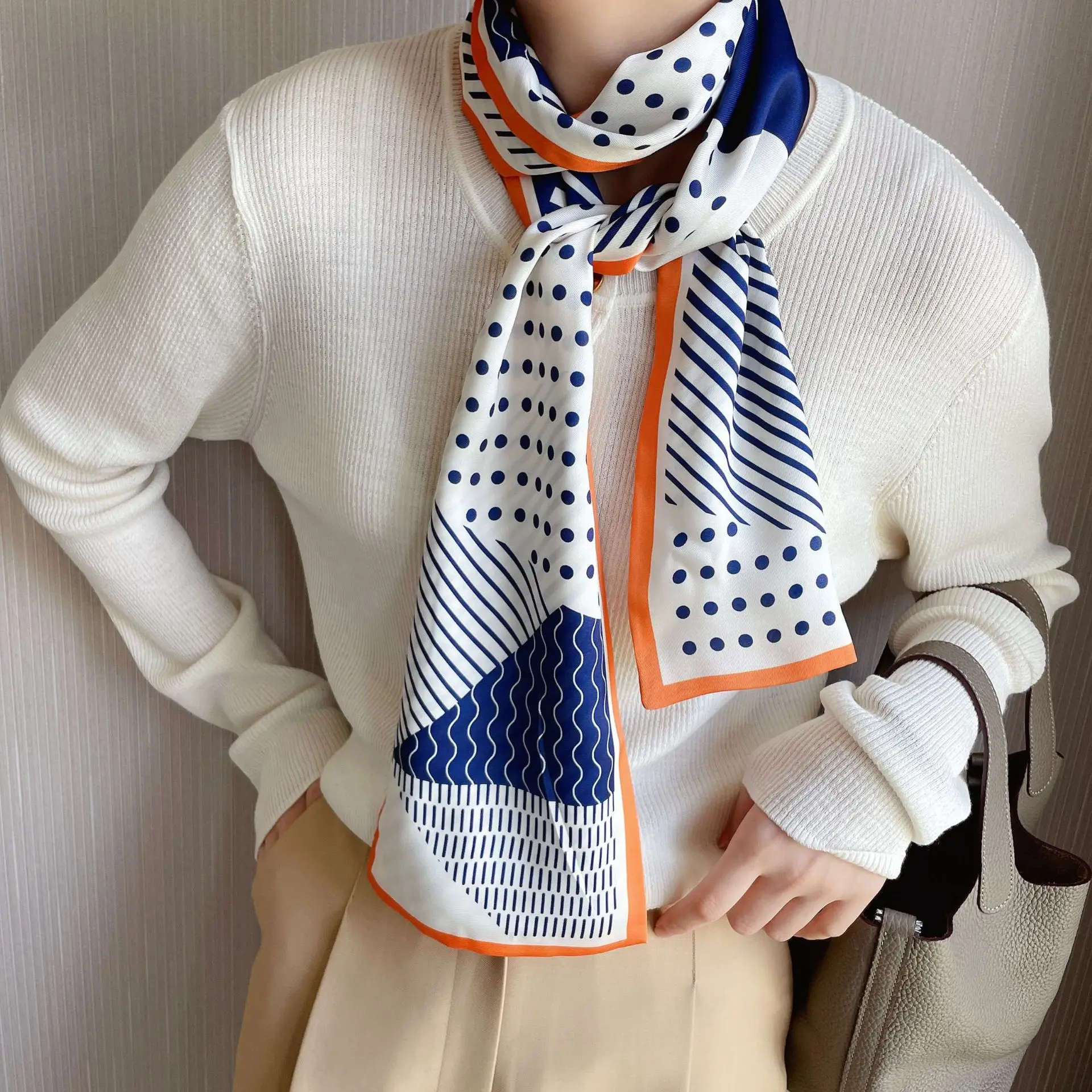 

Hijab Silk Scarf Women Fashion Dot Striped Print Long Advanced Feeling Lady Hair Band Foulard Neckerchief Female Bandana Shawl