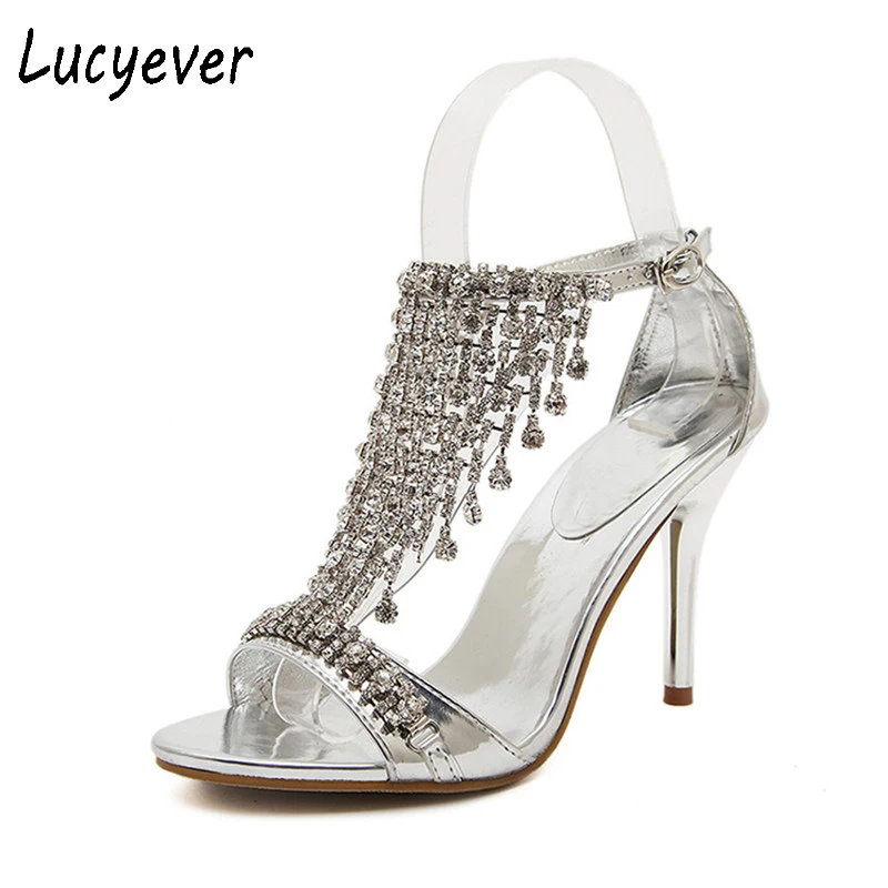 Серебристый Lucyever/ г., летние женские роскошные босоножки со стразами пикантные Элегантные Свадебные Вечерние туфли на высоком тонком каблуке Женская обувь золотого и серебряного цвета - Цвет: Серебристый