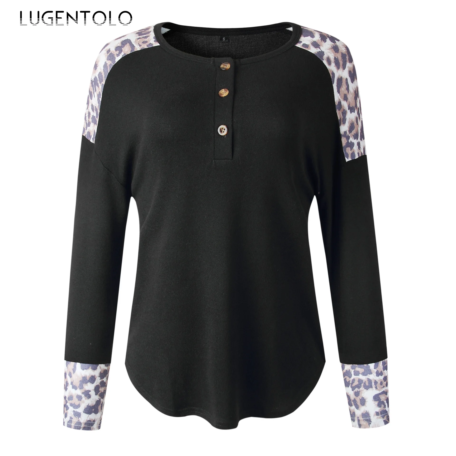 

Women T-shirt Spring Loose Fashion Leopard Print Stitching Tshirt Long-sleeved Top Knitted Female Casual T-shirts Lugentolo