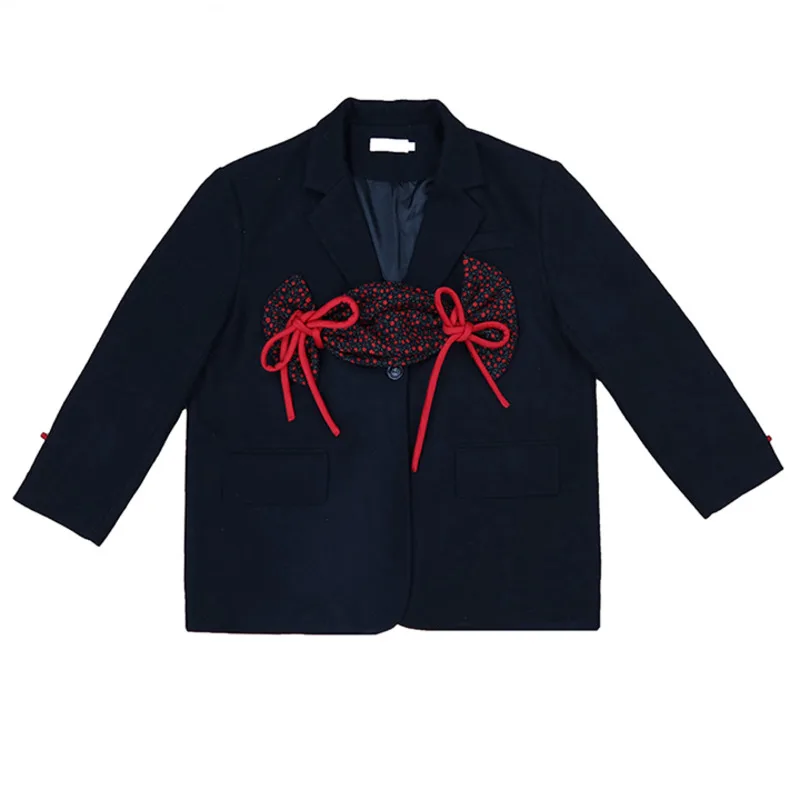 

LANMREM 2021 Autumn New Bow Red Candy Turn-down Collar Single-breasted Loose Streetwear Black Suit For Women Fashion Tide 2A1809