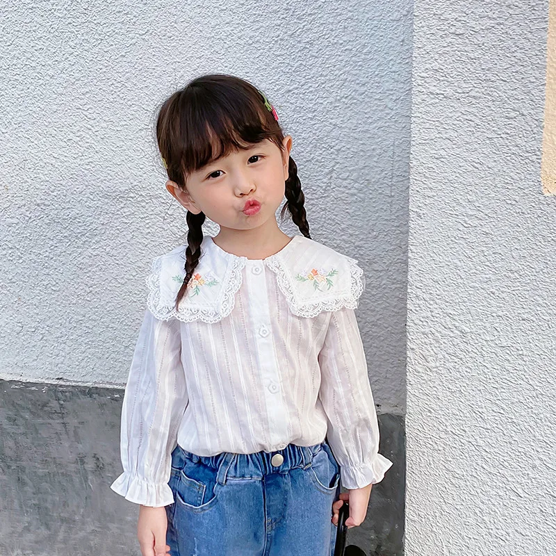

1-6T Toddler Kid Baby Girls Clothes Long Sleeve Floral Shirts Elegant Cute Sweet White Lace Blouses Autumn Cotton Top