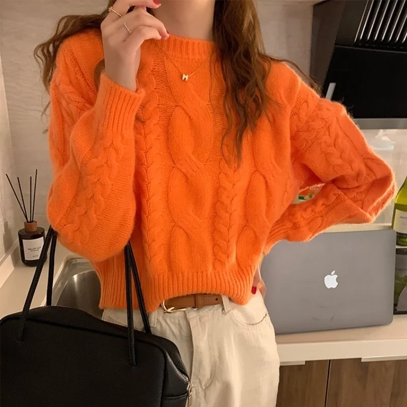 

Оранжевый вязаный пуловер, мягкий свитер, женская верхняя одежда, одежда для осени и зимы, новая короткая темпераментная одежда