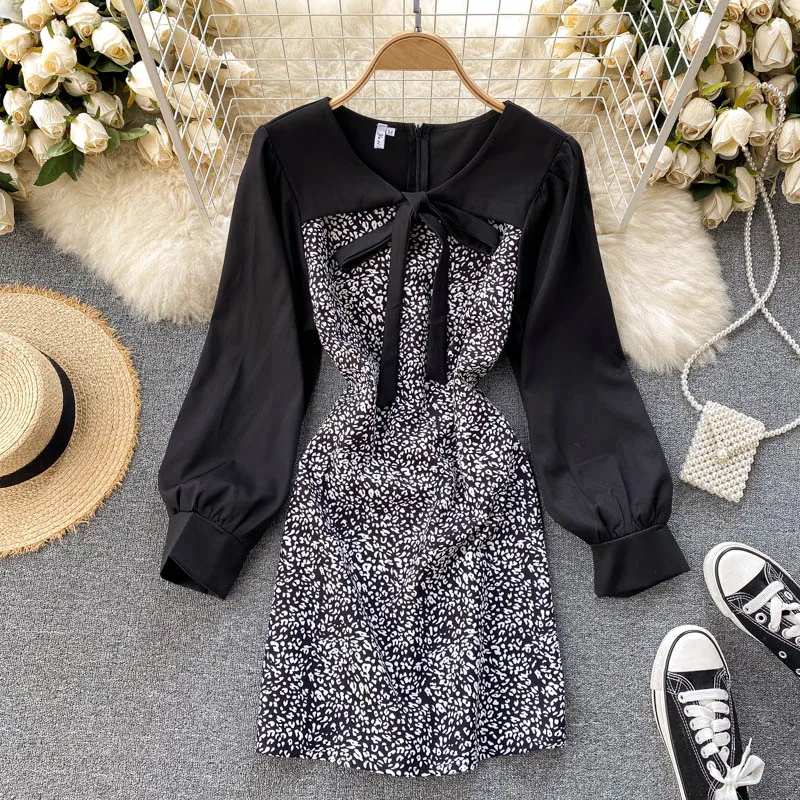 Женское платье с пышными рукавами Короткое облегающее леопардовым принтом Осень