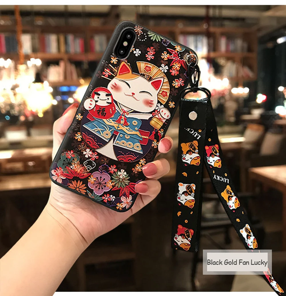 Модный милый чехол для телефона iPhone 6 6s 7 8 Plus X XS MAX XR Lanyard Lucky Cat Мягкий Силиконовый