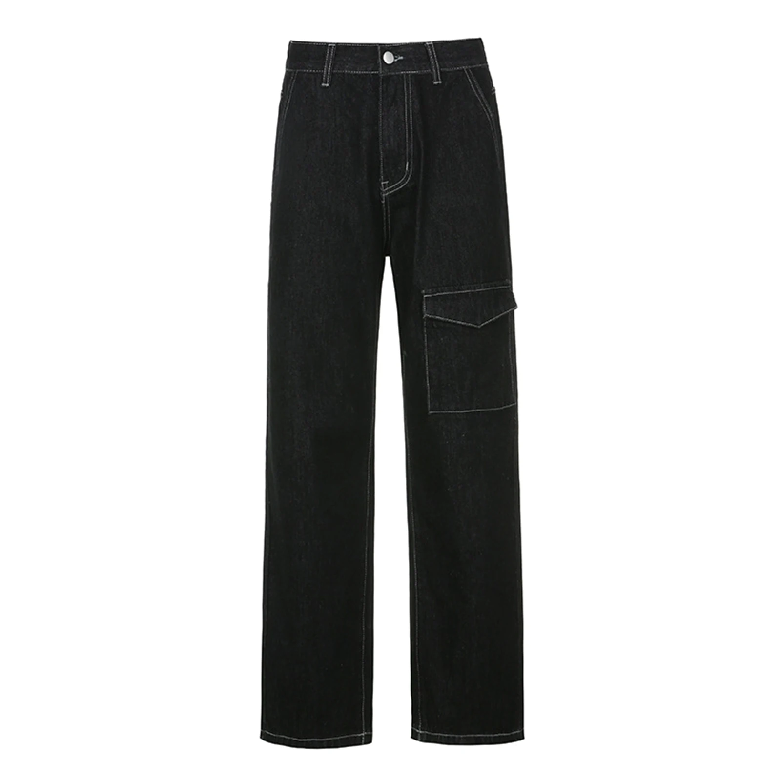 

2020 Fashion Women Straight Wide Leg Trousers Trendy Mid Waist Relaxed Fit Denim Pants with Flap Pocket S/M/L